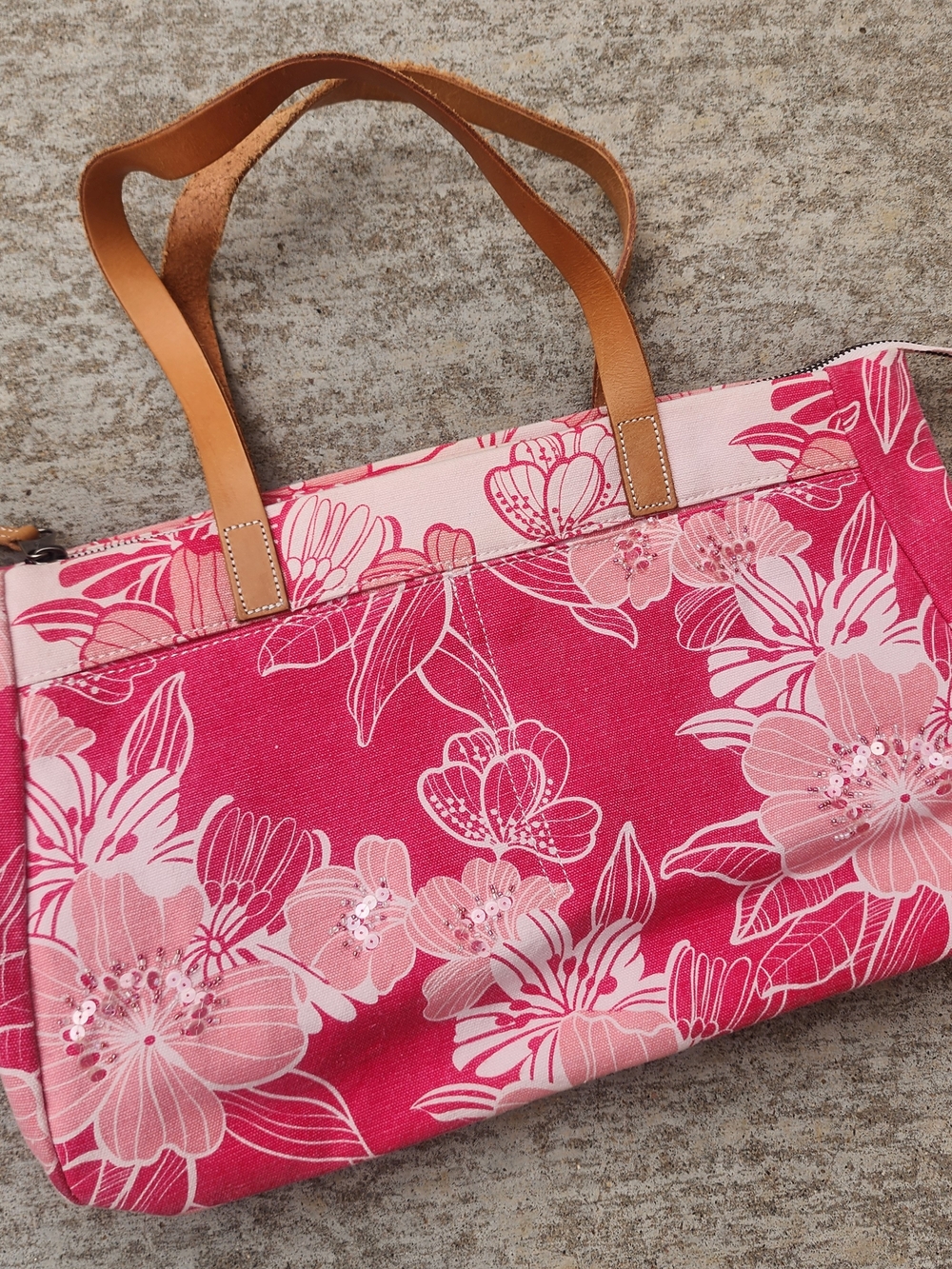 American Eagle Pink Floral Beaded Sequins Canvas Tote Bag Leather Handles